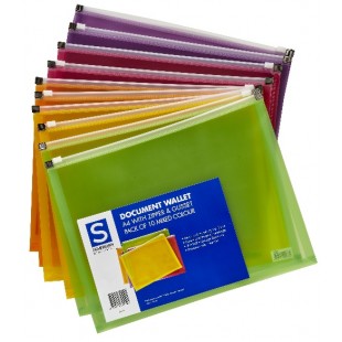 Document Wallet A4 PP With Zip & Gusset Assorted (Pack of 10)
